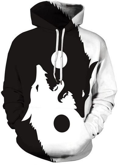 Discover Tai Chi Black White Wolf Head 3D Hoodie