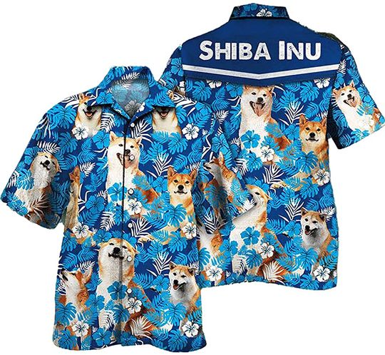 Discover Shiba Inu Dog Lovers Blue Floral Pattern Hawaiian Shirt
