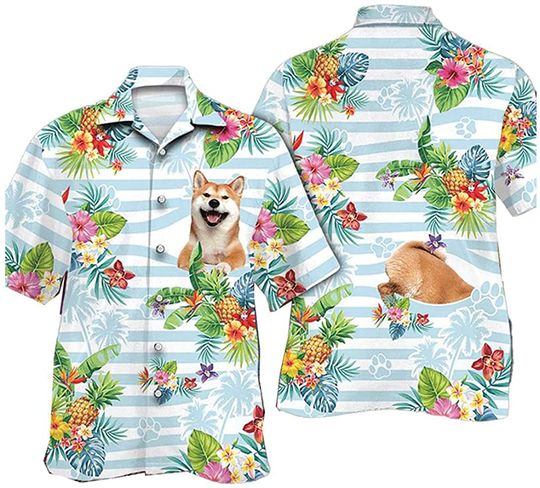 Discover Shiba Inu Dog Lovers Striped Hawaiian Shirt