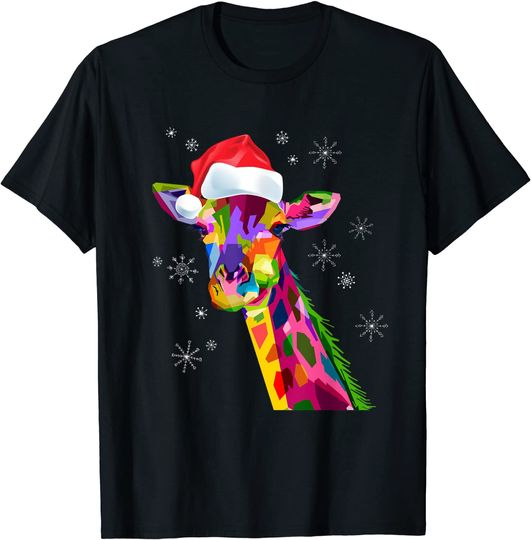 Discover Giraffe Christmas Shirt Watercolor Santa Hat Xmas T-Shirt