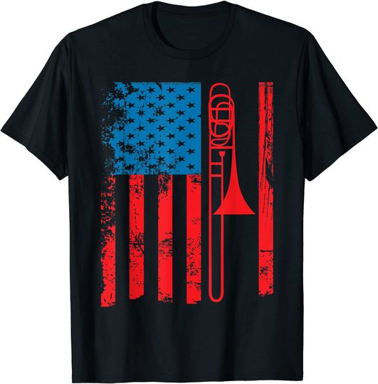 Discover Trombone Player USA Flag Gift Accessories for Men Women Kids T-Shirt