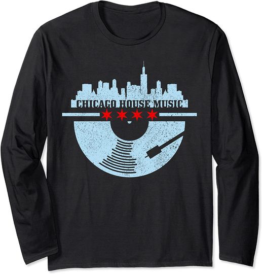 Discover Little Chicago Long Sleeve Chicago House Music Vintage Vinyl Dj Raver Flag Skyline Gift