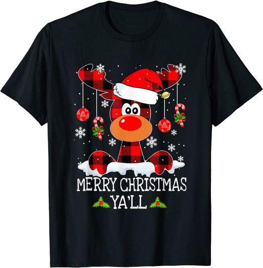 Discover Merry Christmas Ya'll Reindeer Santa Hat Buffalo Red Plaid T-Shirt