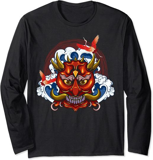 Discover Japanese Wave Demon Red Samurai Oni Mask Ogre Kanagawa Long Sleeve