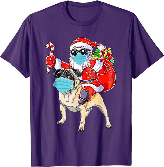 Discover Christmas Mask Santa Riding Pug Xmas Boys Puppy Dog Lovers T-Shirt