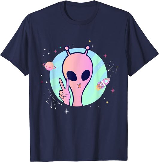 Discover Peace Sign Hand Planet Stars UFO Cool Trippy Gift Pink Alien T-Shirt