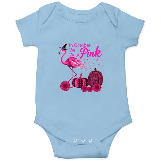 Discover In October We Wear Pink Witch Flamingo Pumpkin Breast Cancer Premium Onesie