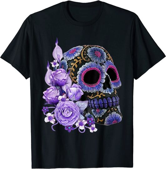 Discover Purple Floral Black Sugar Skull Day Of The Dead T Shirt