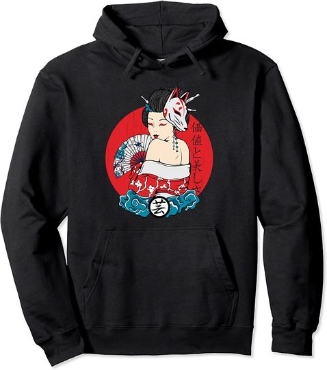 Discover Kitsune Art Hoodie Geisha Girl Kitsune Fox Mask Vintage Art