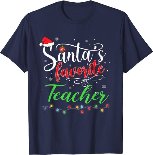 Discover Santas Favorite Teacher Funny Christmas Santa Hat Light T-Shirt