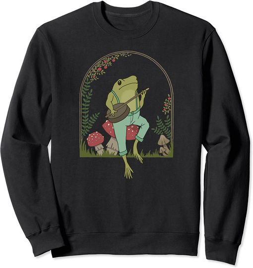 Discover Cottagecore Aesthetic Frog Playing Banjo on Mushroom Cute Sweatshirt