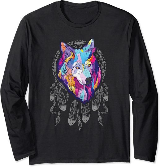 Discover Wolf Dream Catcher Splash Art Animal Long Sleeve T-Shirt