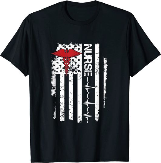 Discover Nurse Flag T-shirt Awesome Nurse Heartbeat United States Flag Paramedic