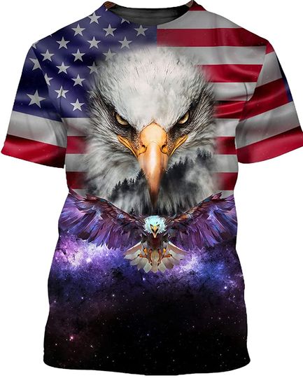 Discover Bald Eagles Flying in Galaxy and American Flag T Shirt