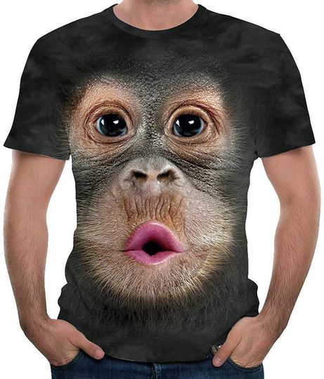 Discover Funny Monkey 3D T-shirts, Men Fun Gorilla Monkey Printed Crew Neck Tee Casual Short Sleeve Big Face Mens Tops