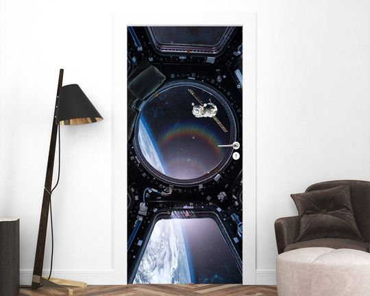Discover 3D Door sticker, space station decal, self adhesive sticker, door mural