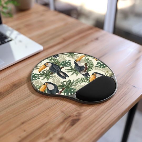 Discover Tropical Toucan Bird Monstera Palm Leaf Wrist rest mouse pads