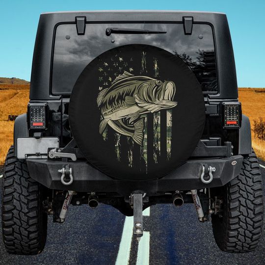 Discover Bass Fishing American Flag Camo USA Gift For Fisherman Spare Tire Cover