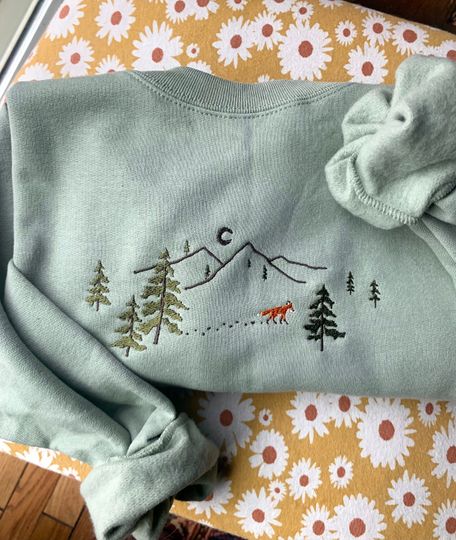 Discover Embroidered Fox Forest Crewneck Sweatshirt