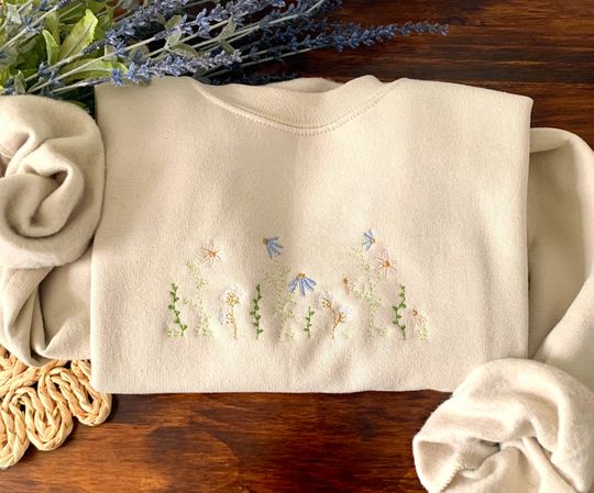 Discover Pastel Floral Embroidered Crewneck