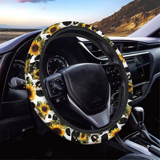 Discover Frestree Car Steering Wheel Cover Sunflower Cow Print