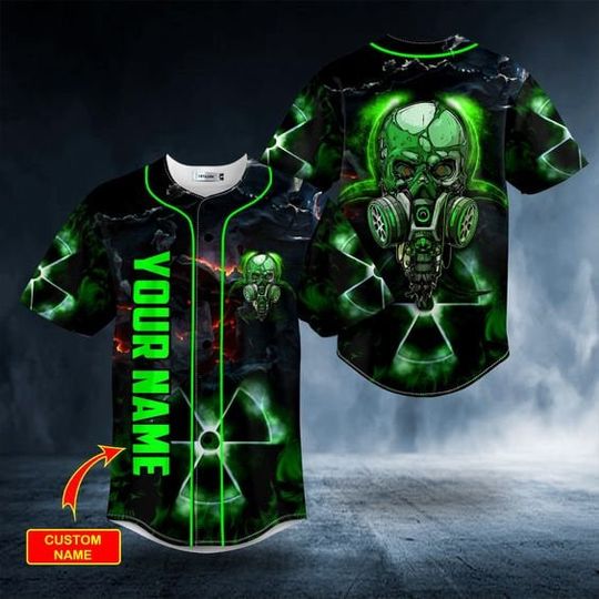 Discover Pride Green Neon Biohazard Skull, Custom Name Baseball Jersey