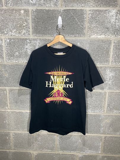 Discover Vintage 1990s Merle Haggard For The Record 43 Legendary Hits Graphic Black Band T-Shirt