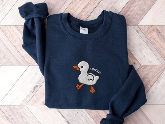 Discover Embroidered Duck Quack Sweatshirt, Embroidered Lucky Duck Crewneck Sweater