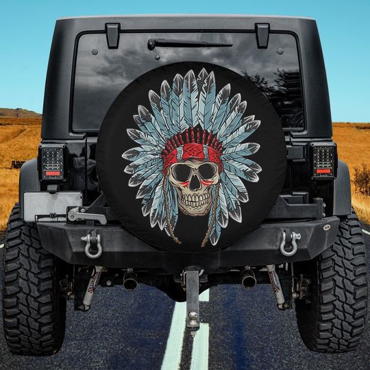 Discover Native American Skull  Skull With Indian Feathers Spare Tire Cover