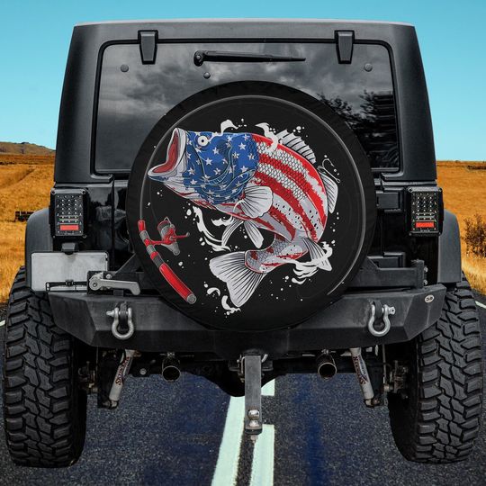 Discover Bass Fishing Fish American Flag 4th of July Patriotic Spare Tire Cover