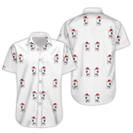 Discover Bull Terrier Hawaiian Shirt - Cute Bull Terrier With Hat Santa Print Hawaii Shirt