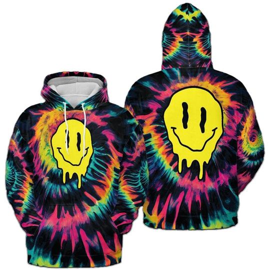 Discover Graphic Print Tie Dye Hoodie Melting Smiley Face Pull Over 3D Hoodie