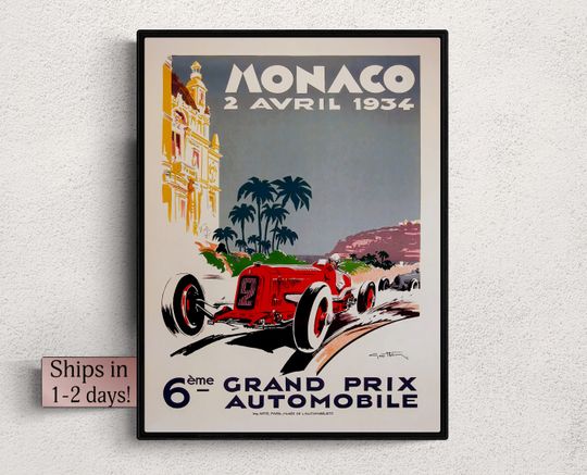 Discover Vintage Race Car Poster, 1934 Monaco Grand Prix Poster, Basement Posters