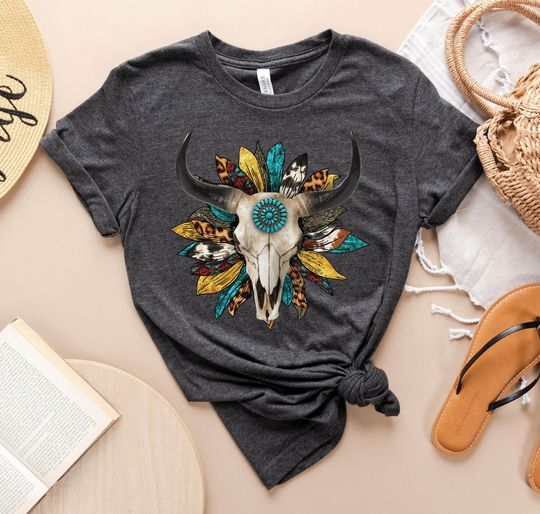 Discover Cow Skull Shirt, Western Aztec Bull Skull Shirt, Boho Cow Skull, Western Gift, Cowgirl Shirt, Southern Tee, Rodeo T-shirt, Country Shirt