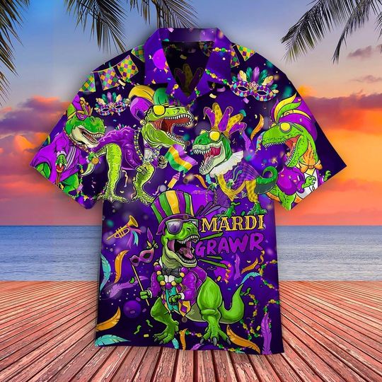 Discover Dinosaur Happy Mardi Gras Aloha Hawaiian Shirts For Men and Women