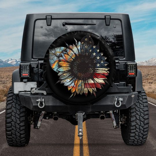 Discover Jeep Tire Cover With Camera Hole, American Sunflower Spare Tire Cover