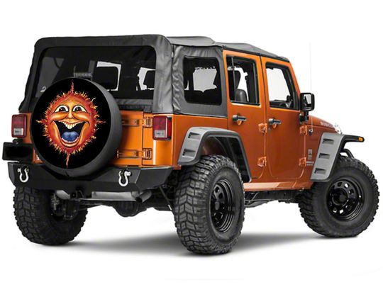 Discover Sun Face Flames Black Background Spare Tire Cover