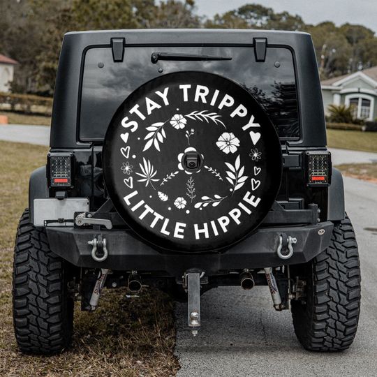 Discover Stay Trippy Little Hippie Floral Peace Sign Tire Cover Camper Truck, Spare Tire Cover For Car