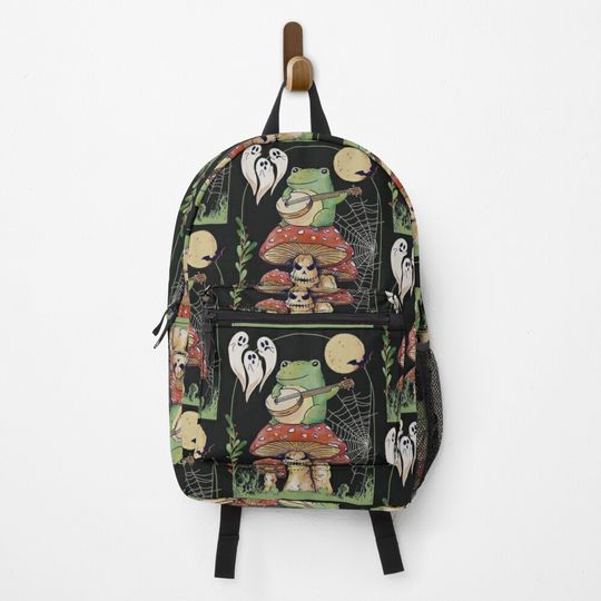 Discover Cottagecore Aesthetic Frog Playing Banjo Mushroom Backpack