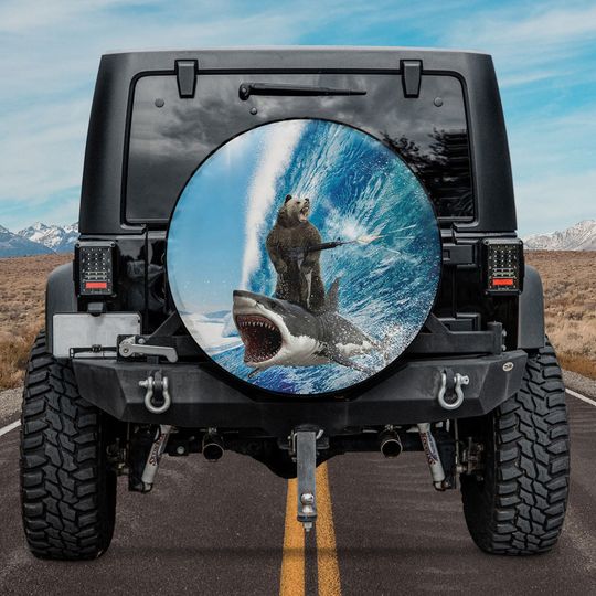 Discover Funny Spare Tire Covers, Funny Bear Shark Surfing Spare Tire Cover With Or Without Backup Camera Hole