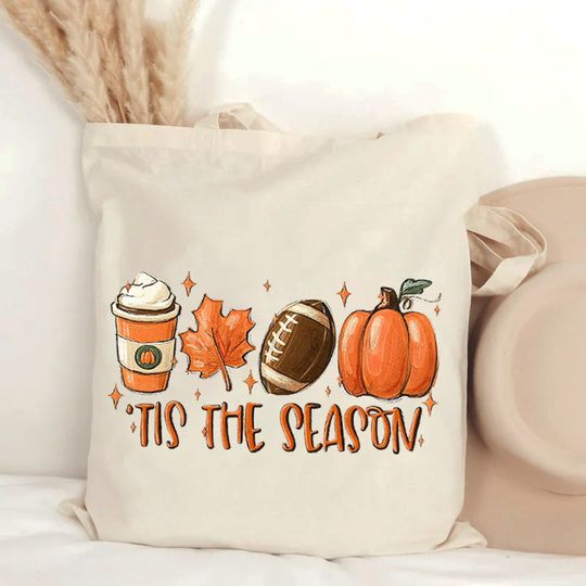 Discover Tis The Season Tote Bag - Pumpkin and Football Design