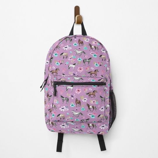 Discover Horses and Flowers Print, Horse Decor, Light Purple, Pony, Floral Backpack