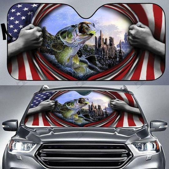 Discover Bass Fishing Car Sun Shade, American Flag Car Sun Shade
