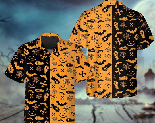 Discover Black And Orange Spooky Halloween Hawaiian Shirt