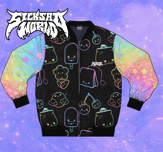 Discover Black neon Rainbow Kawaii AOP Bomber Jacket.