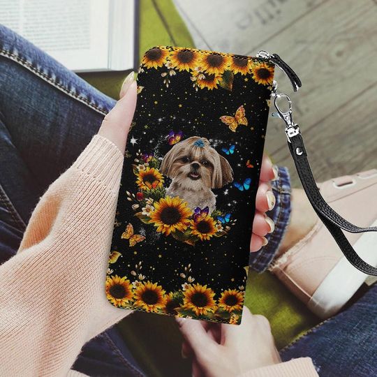 Discover Sunflower Shih Tzu Leather Wallet