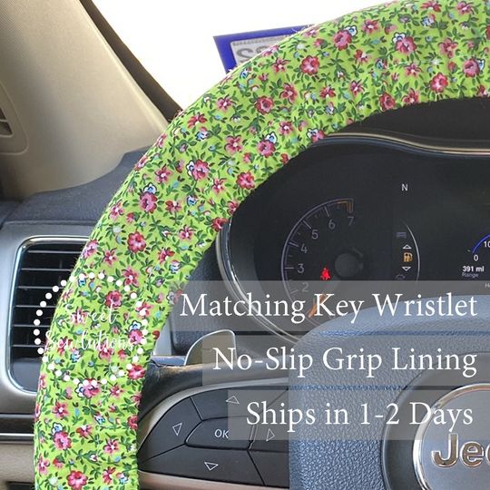 Discover Tiny Pink Floral on Green Steering Wheel Cover