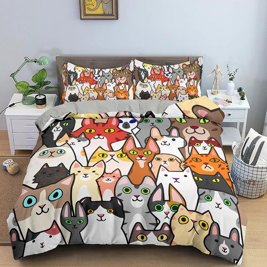 Discover Cute Funny Cats Kids Duvet Cover Set, Toddler Bedding, Kids Bedroom, Bedding for Cat Lovers Gift