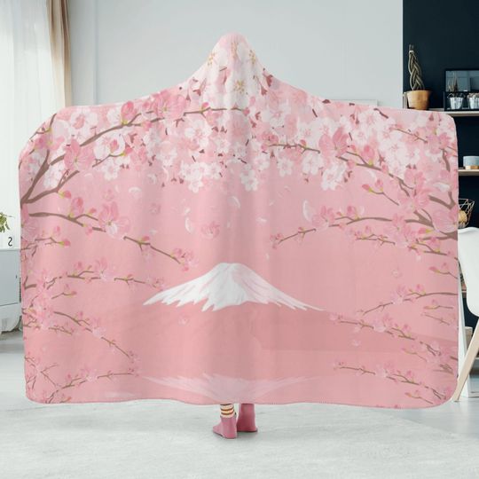 Discover Kawaii Pink Mt Fuji Hooded Blanket, Cozy gamer lounge blanket, Japanese Cherry Blossom blanket with hood, Cute Anime Flannel Sherpa blanket