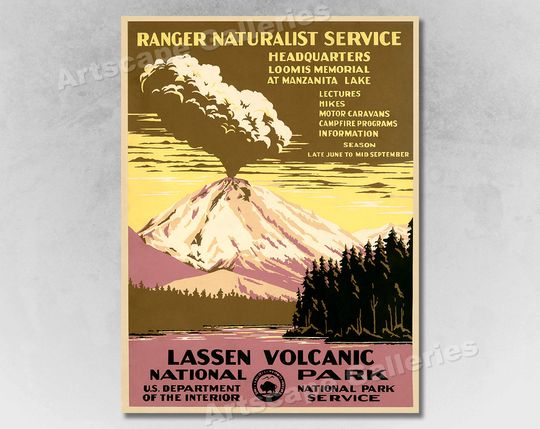 Discover 1938 WPA Ranger Naturalist Travel Poster Lassen Volcanic National Park